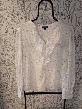 Tamara H White Swiss Dot Ruffle Blouse Size L Long Sleeve Feminine Top